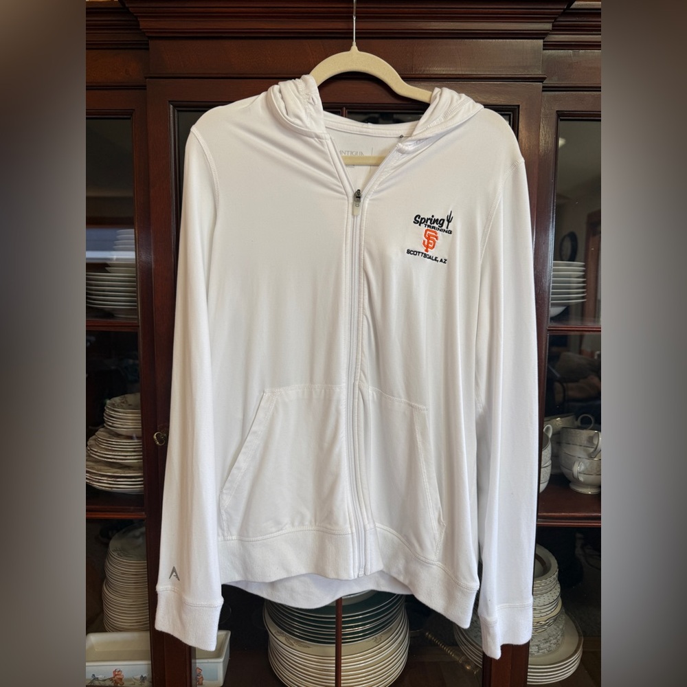 White Zip-Up Hoodie with Embroidered SF Spring Training Logo